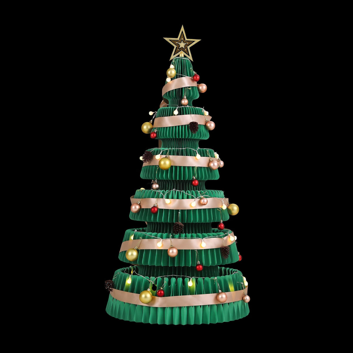 Green pop-up paper Christmas tree with star topper, LED lights, and gold and red baubles