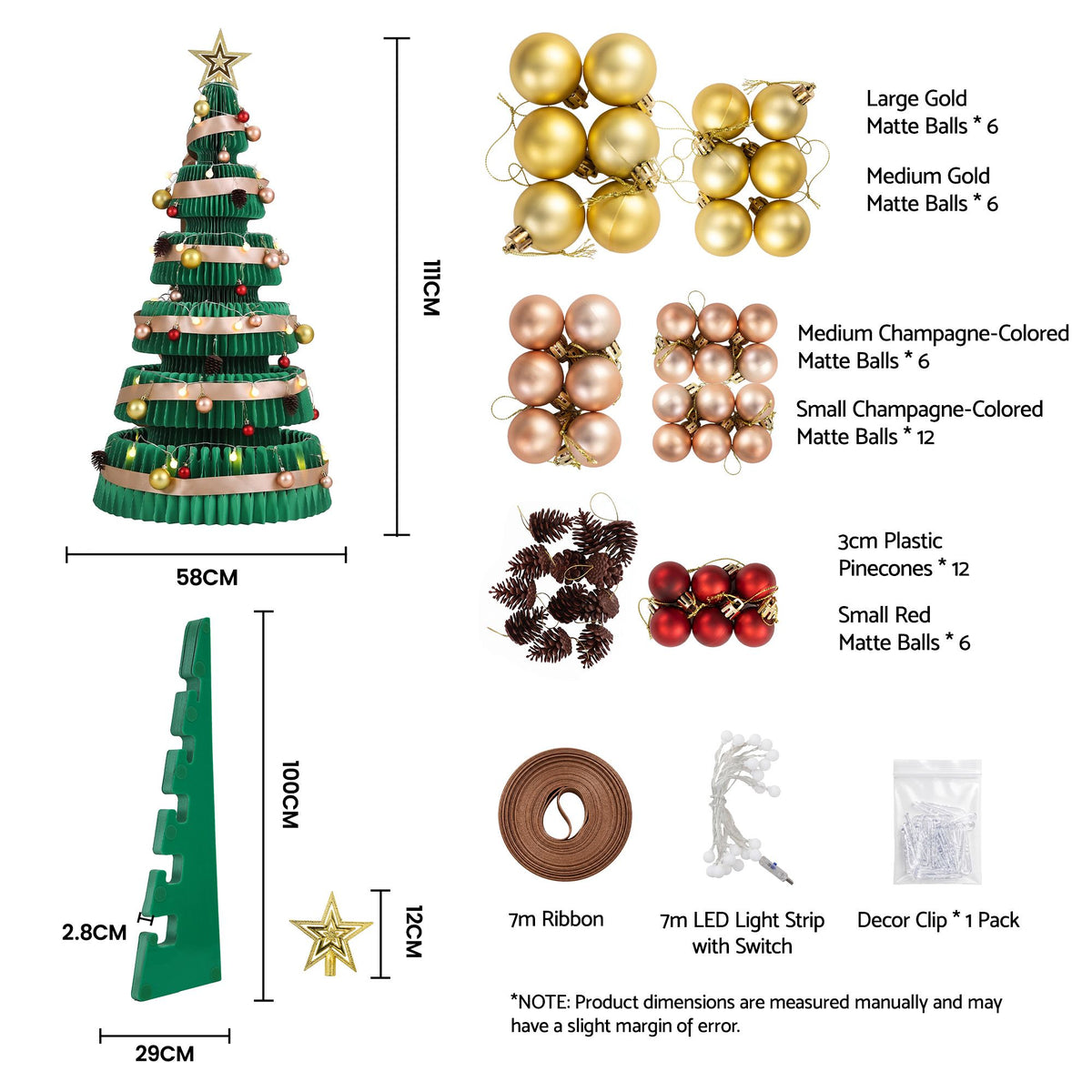 Green pop-up paper Christmas tree set with star topper, gold balls, pinecones, and ribbon