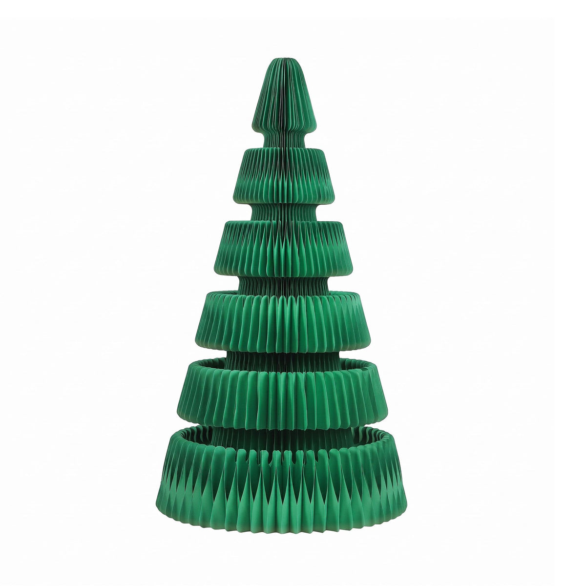 Green pop-up paper Christmas tree, tiered folded panels with pointed top
