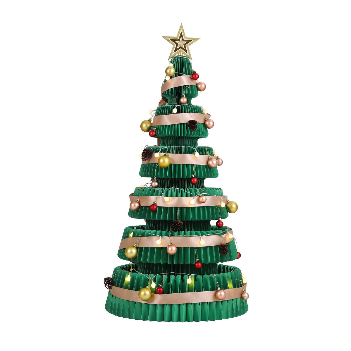 Green pop-up paper Christmas tree with star topper, LED lights, and layered bauble garlands