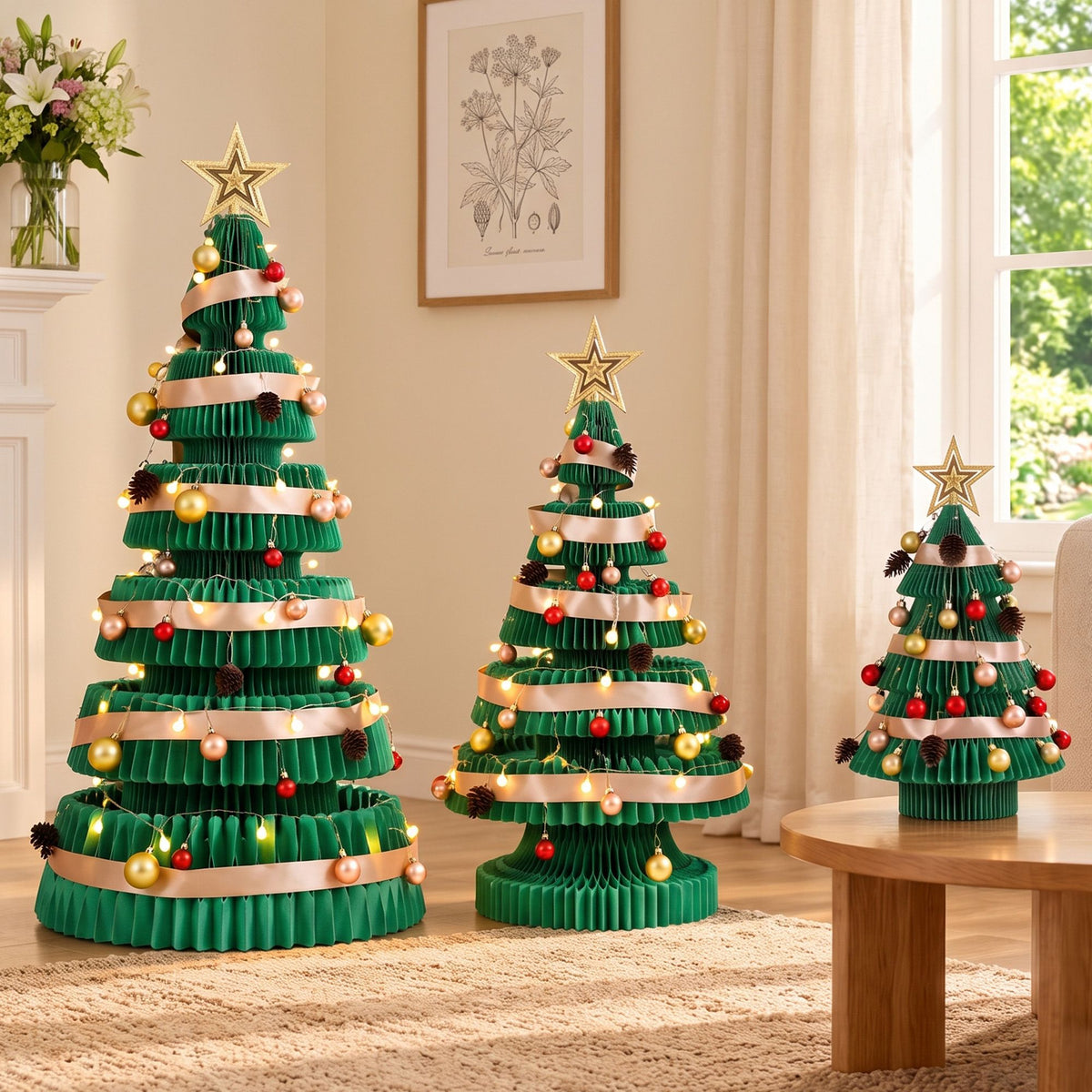 Threefold green paper Christmas tree set with gold star topper and LED bulbs