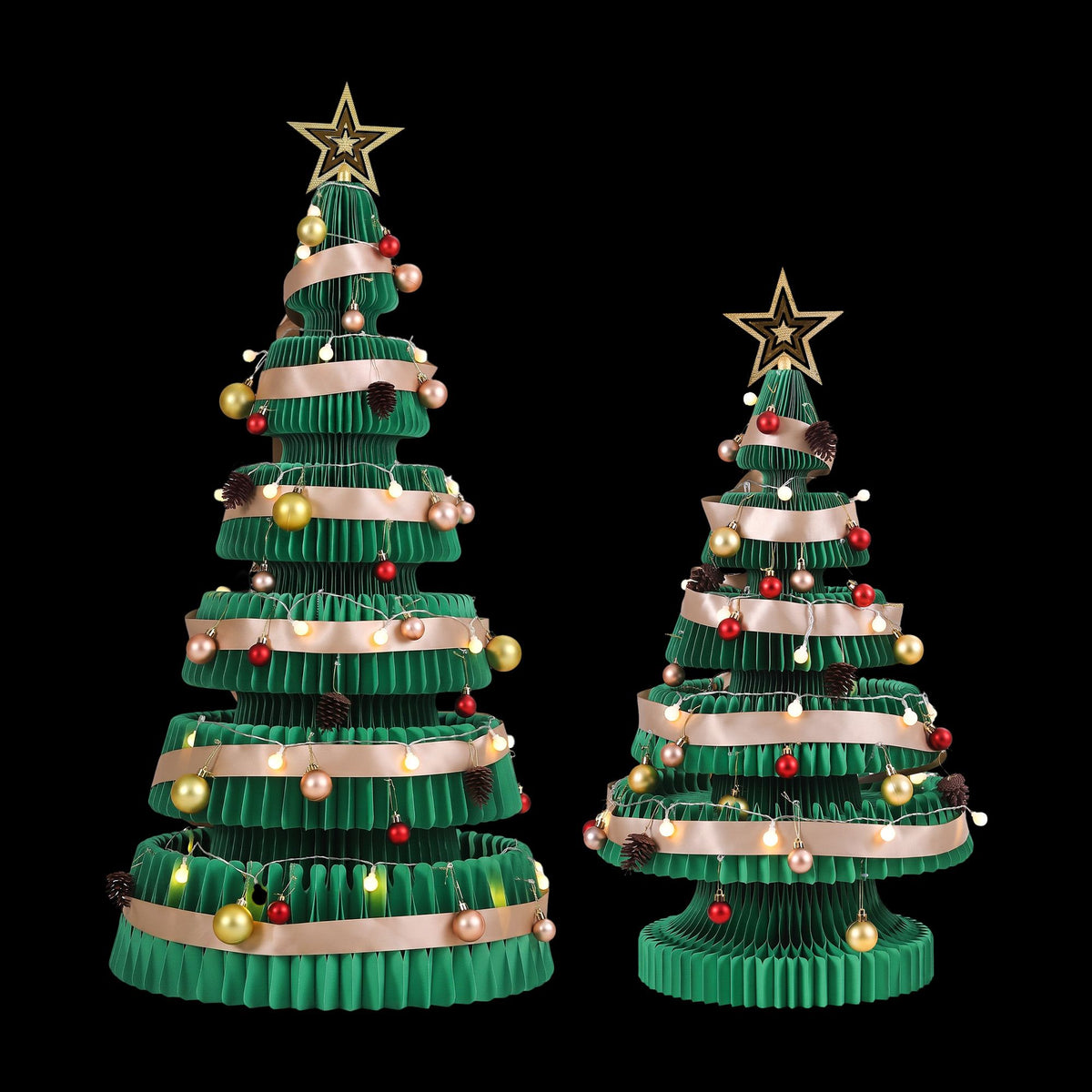 Three green foldable Christmas trees with gold star toppers and multicolor LED ornaments