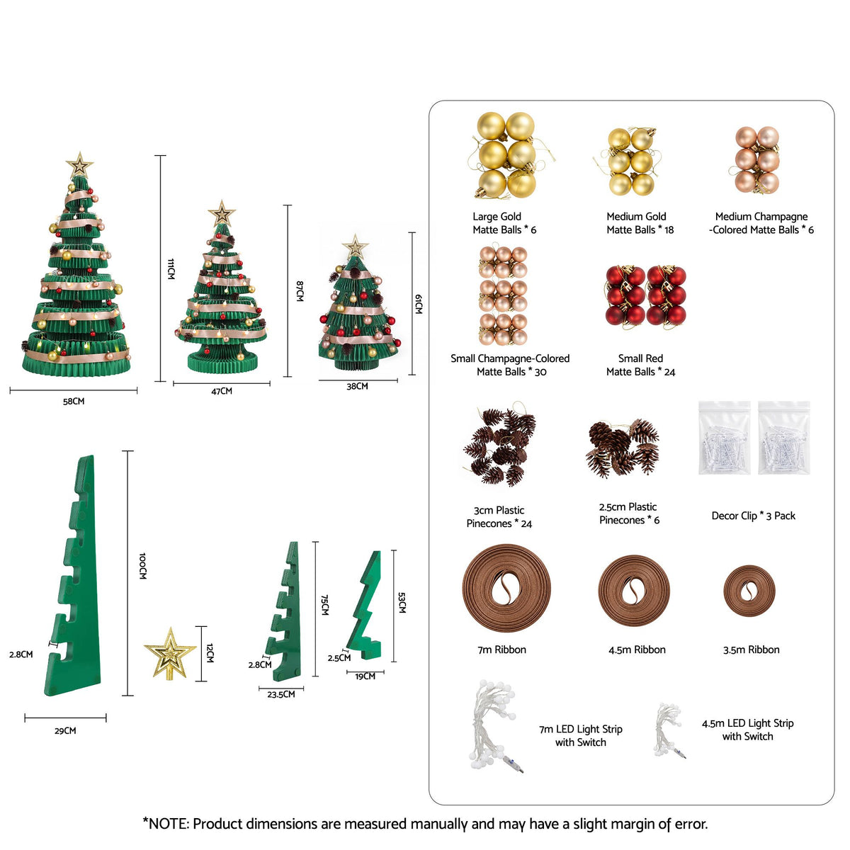 Christmas tree set size chart showing foldable trees and LED accessory parts