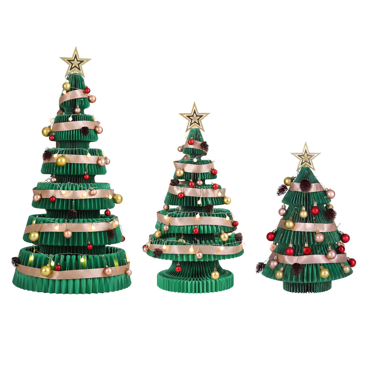 Three green foldable Christmas trees with gold star toppers and glowing LED ornaments