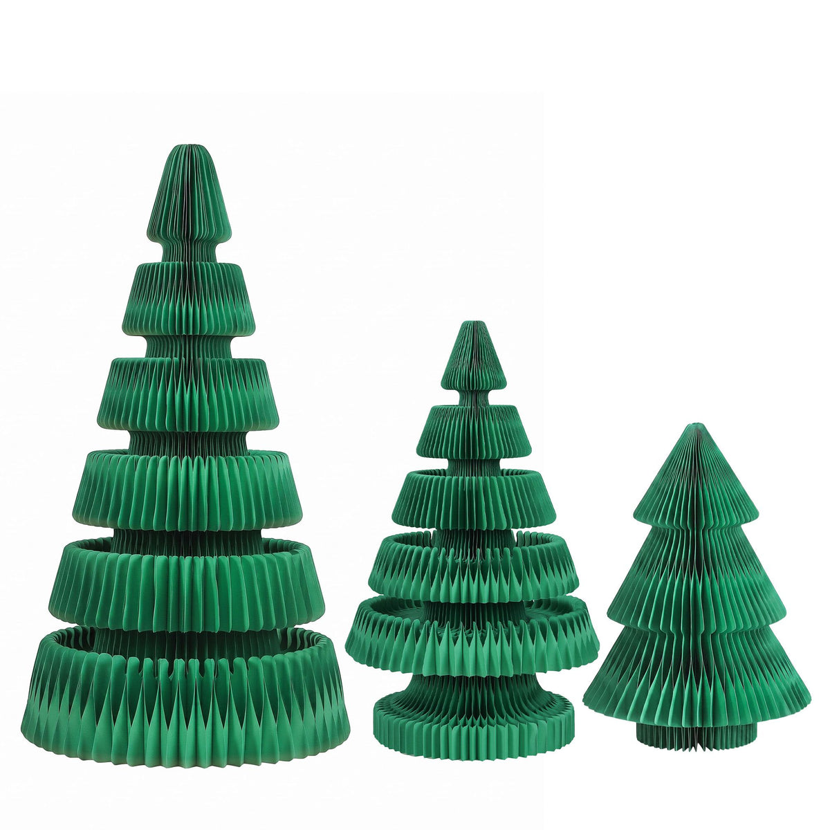 Set of three green foldable Christmas trees with tiered paper-like ribbed construction