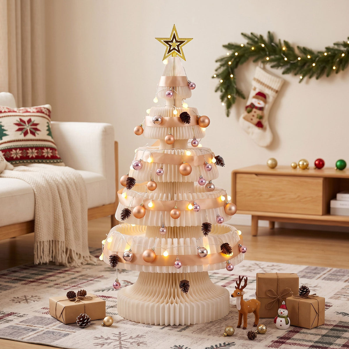 White pop-up paper Christmas tree with warm LED lights, bead ornaments, and gold star topper
