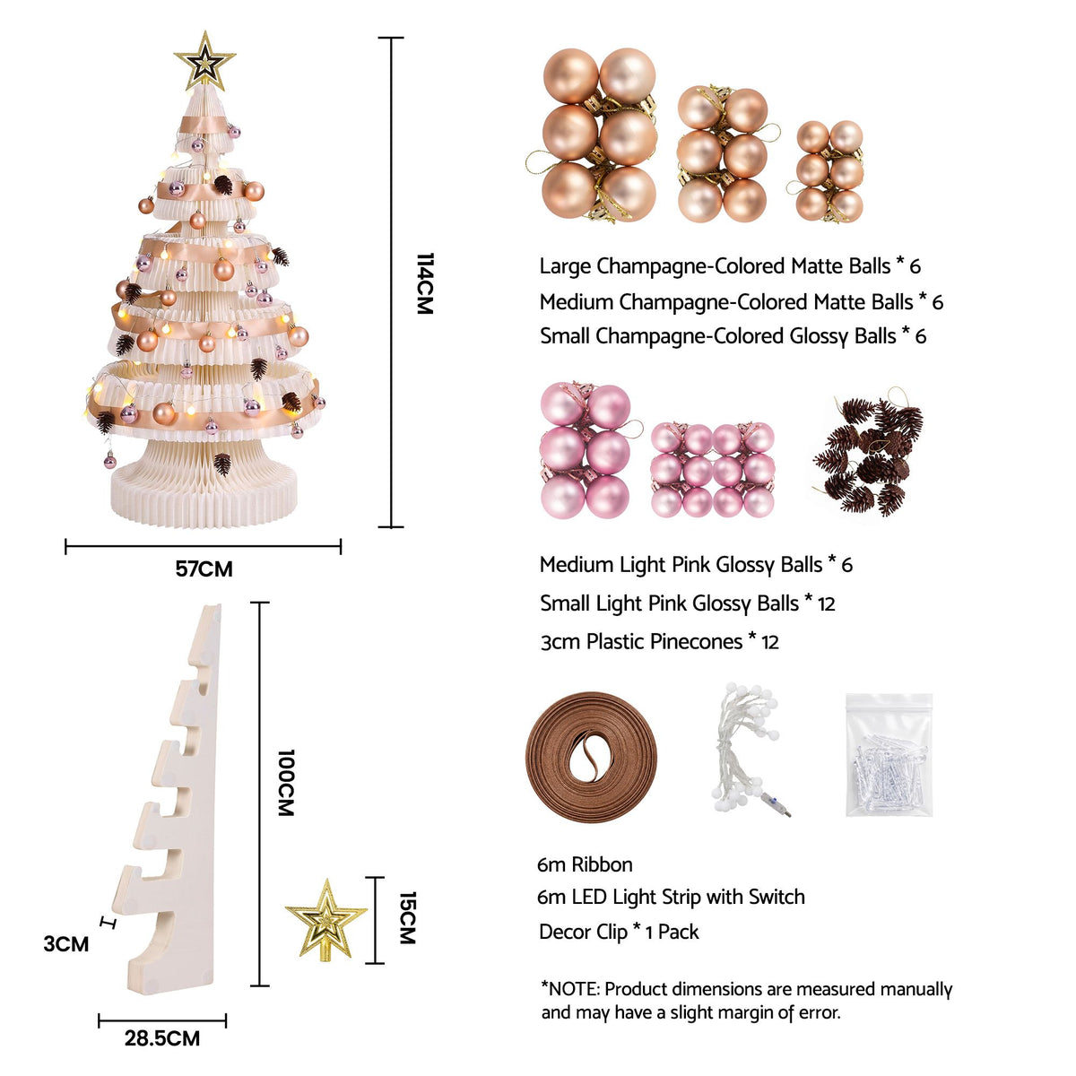 Pop-up paper Christmas tree kit with lighted tree, rose-gold baubles, pinecones, and ribbon