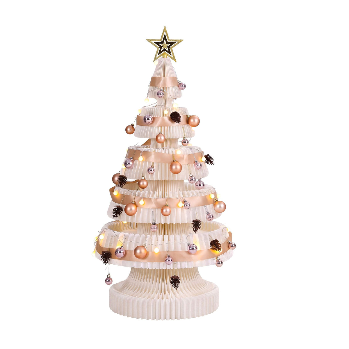 White pop-up paper Christmas tree with warm LED lights, baubles, pinecones, and gold star topper