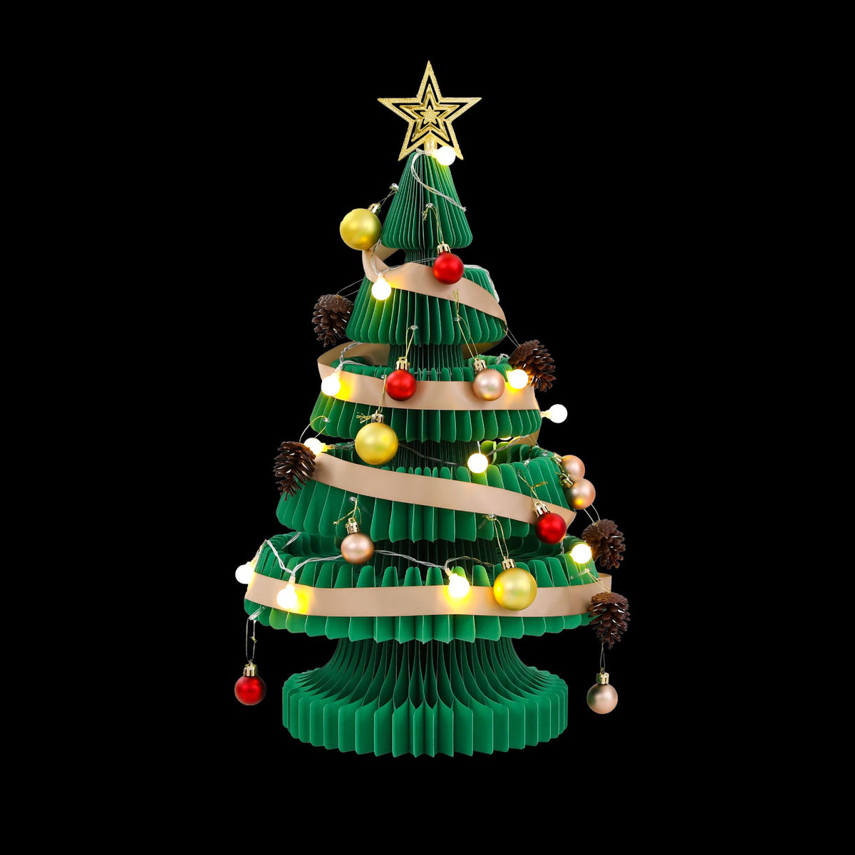 Green pop-up paper Christmas tree with gold star topper, ornaments and warm LED lights