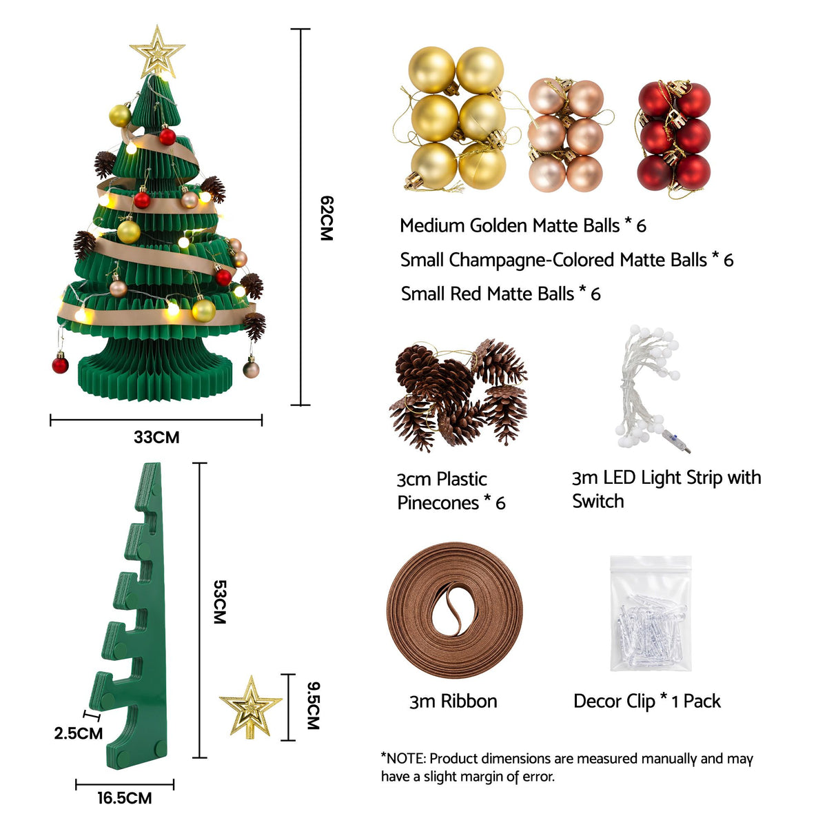 Green pop-up paper Christmas tree with gold star, ornaments and warm LED lights, plus included parts