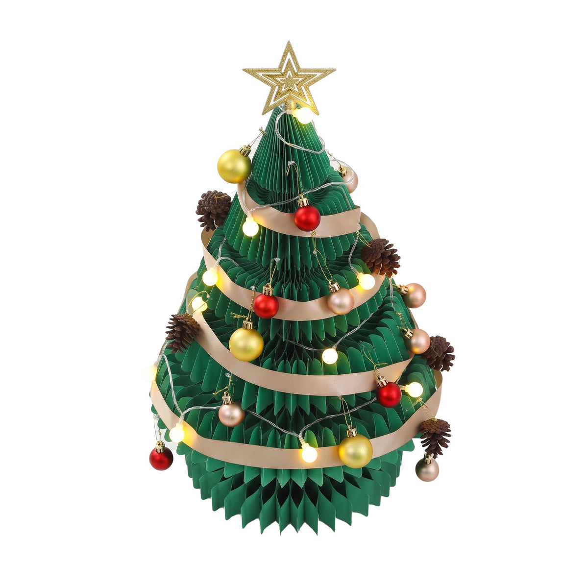 Green pop-up paper Christmas tree with gold star topper, hanging baubles and warm LED lights