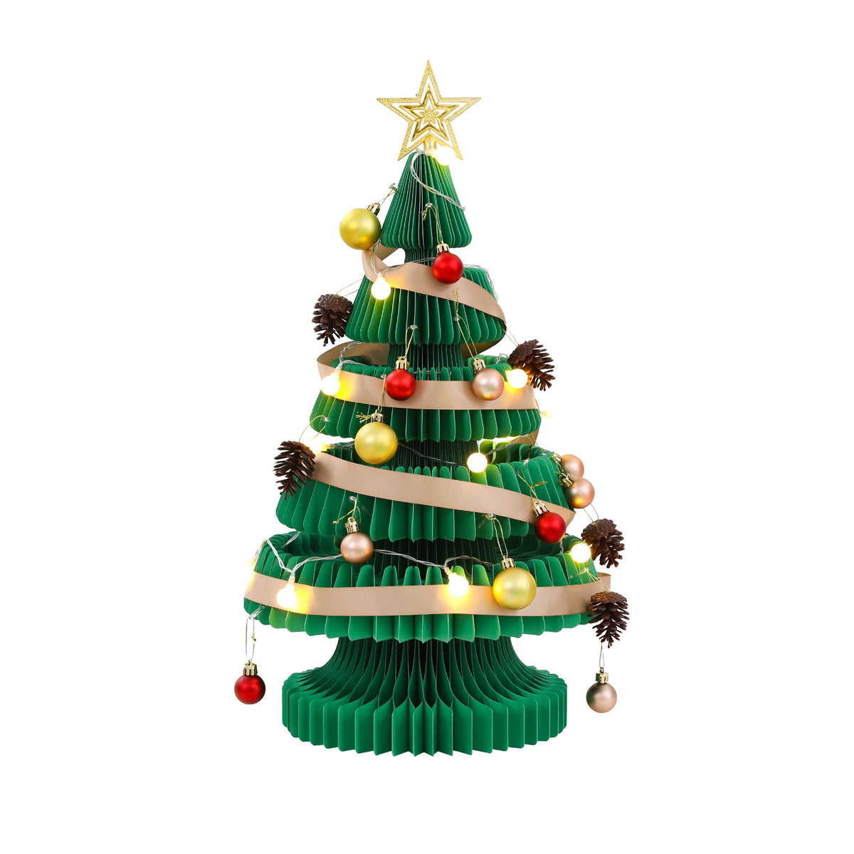 Green pop-up paper Christmas tree with layered 3D pleats, gold star, hanging ornaments and LEDs
