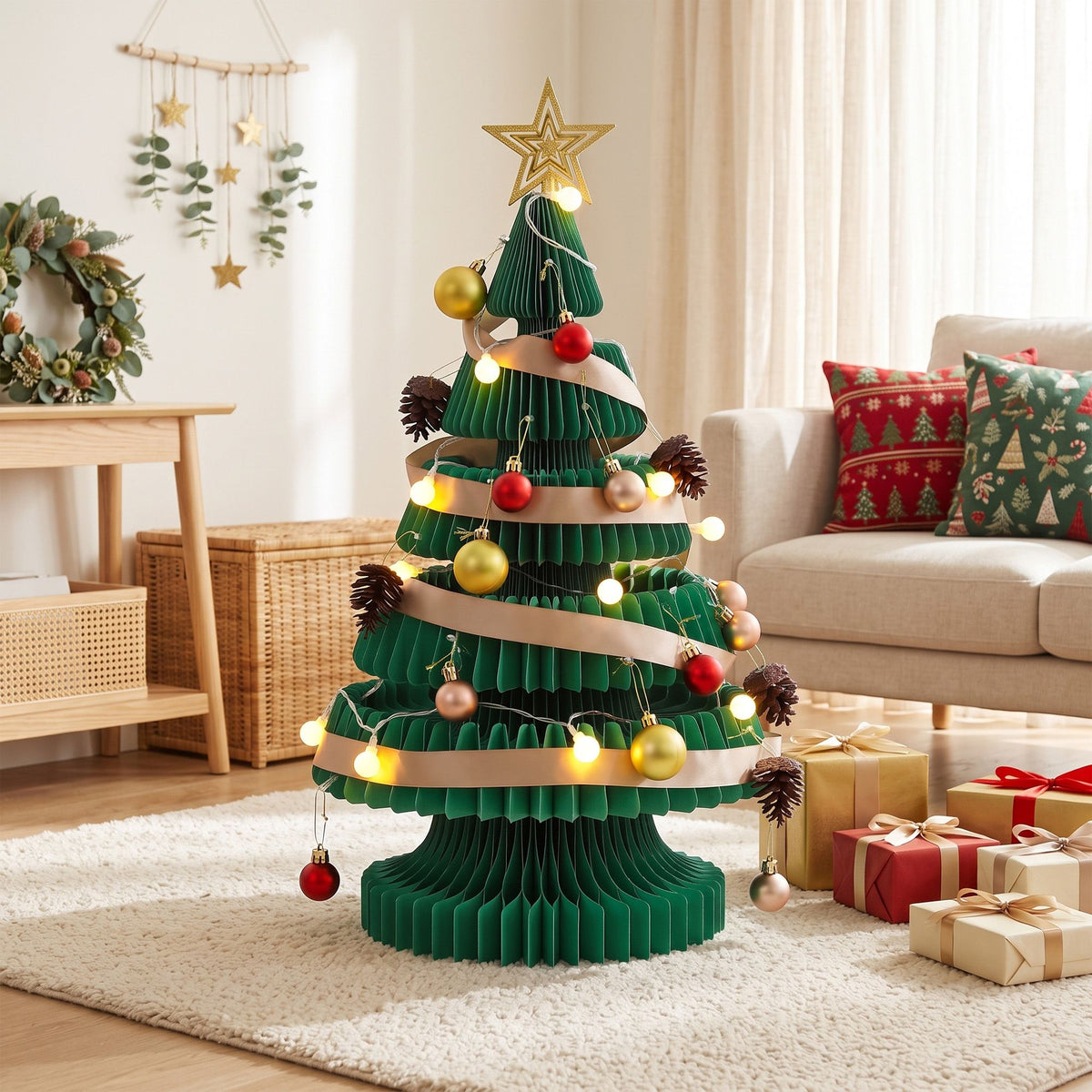 Green pop-up paper Christmas tree with LED lights and red-gold ornaments