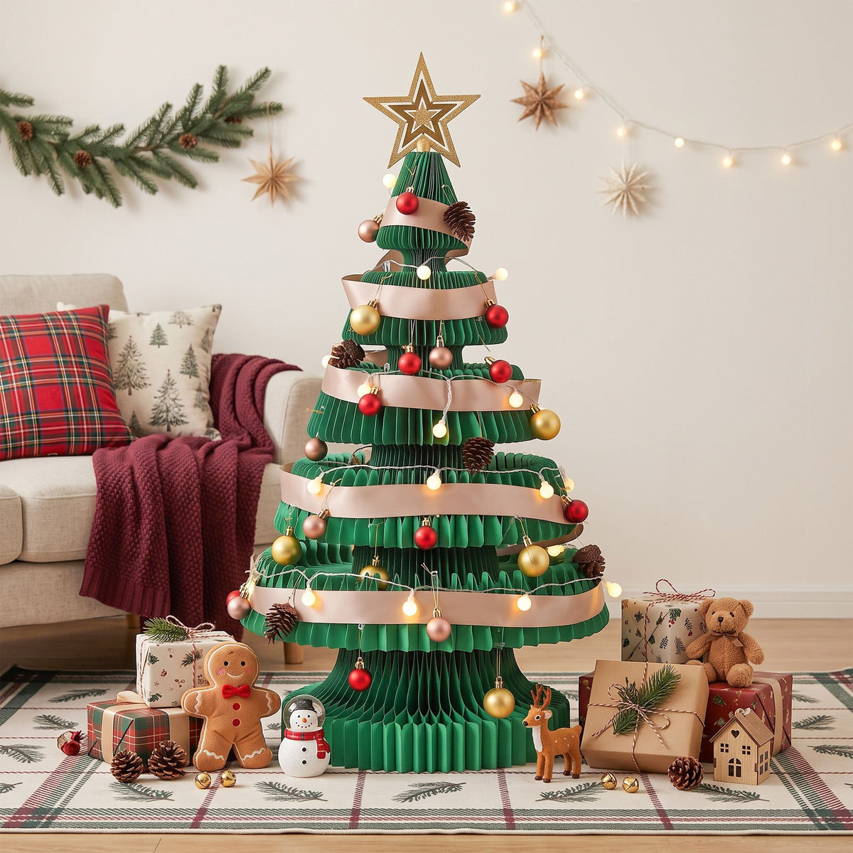 Pop-up paper Christmas tree, green tiers with star topper and warm LED string lights