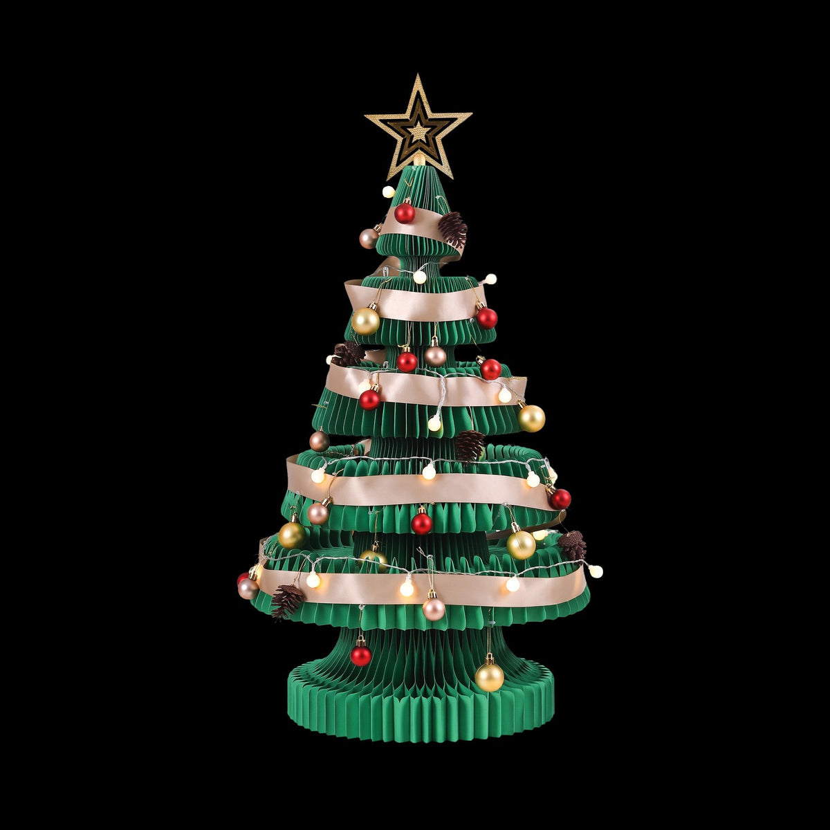 Green pop-up paper Christmas tree with star topper, decorated baubles, and warm LED lights