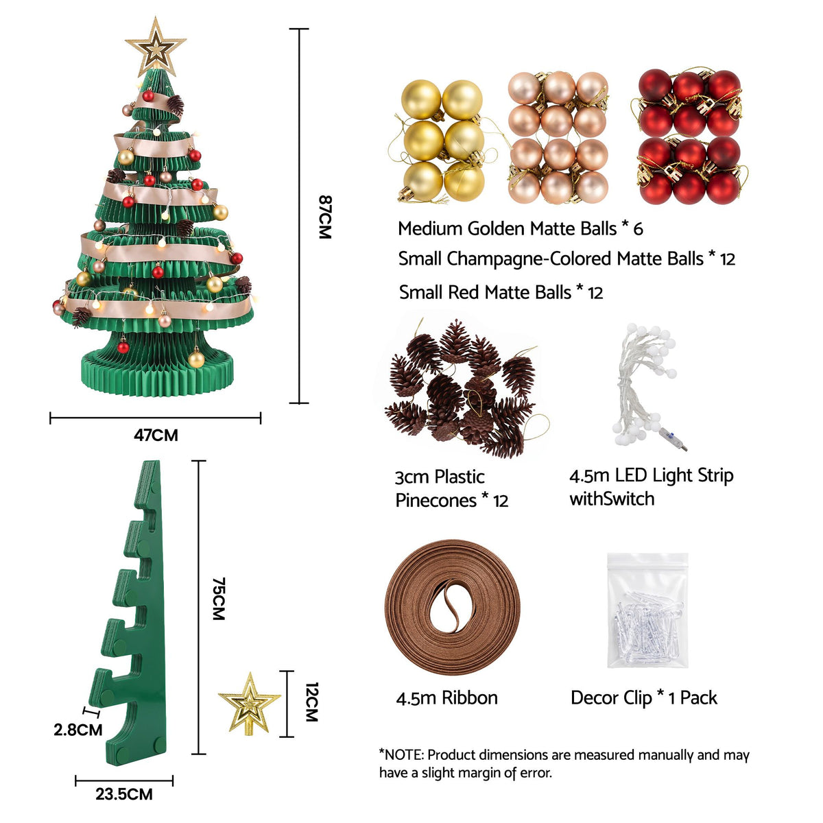 Pop-up paper Christmas tree set with gold/red ball ornaments, pinecones, LED light strip, ribbon