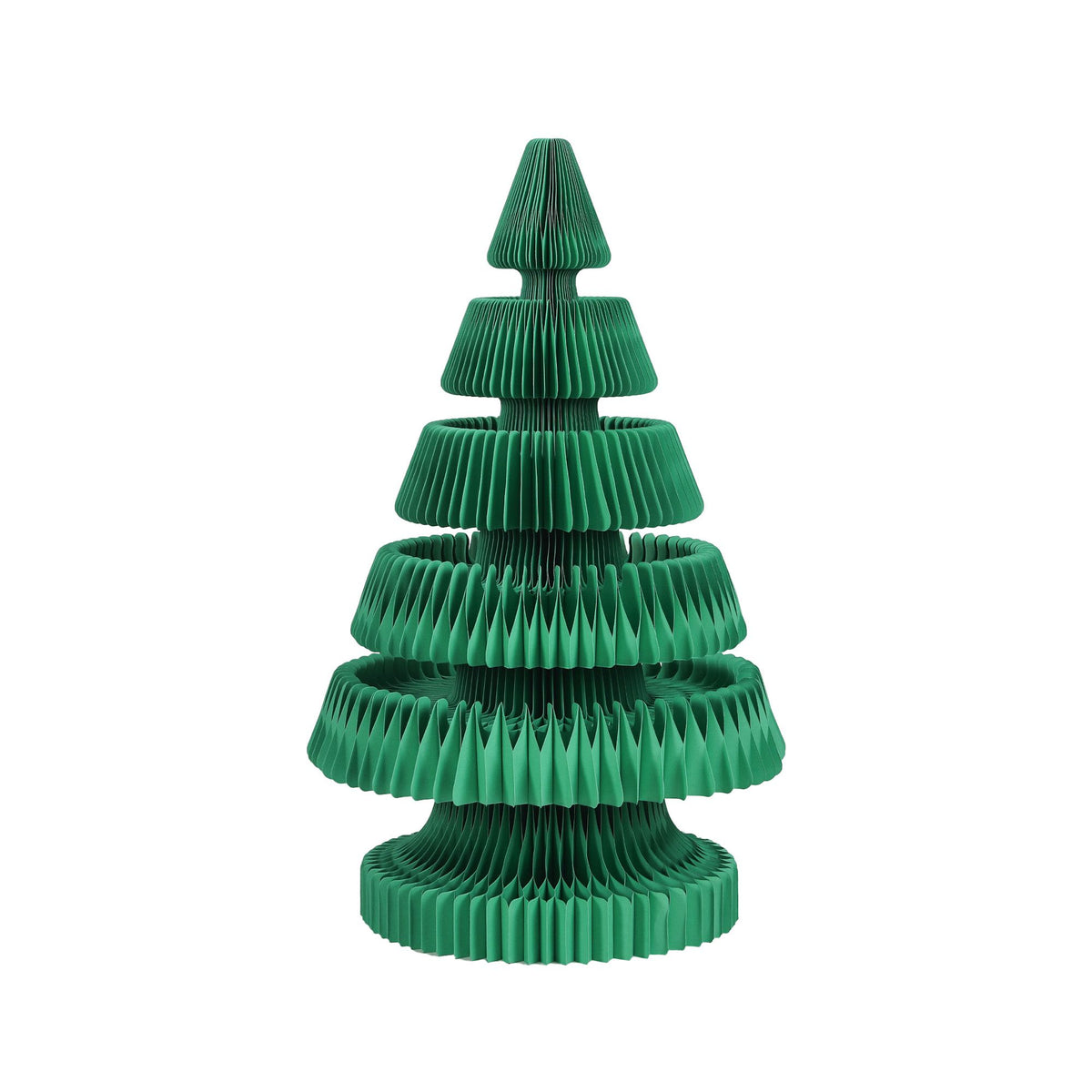 Green pop-up paper Christmas tree, accordion-style tiers shown standing