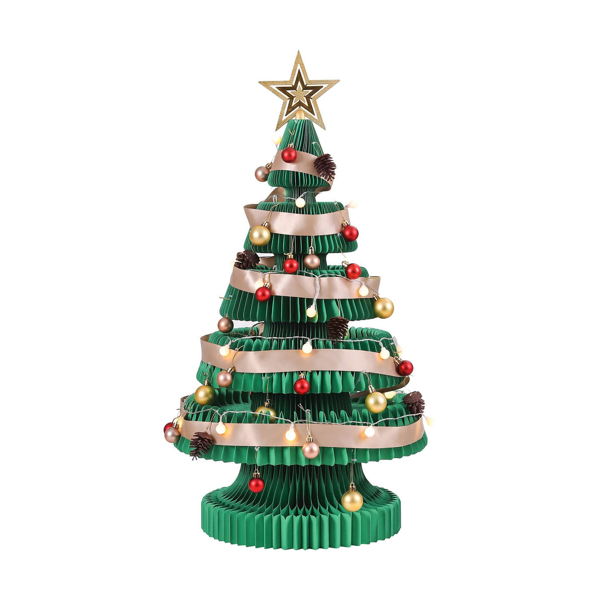Pop-up paper Christmas tree with gold star topper, baubles, and warm LED lights
