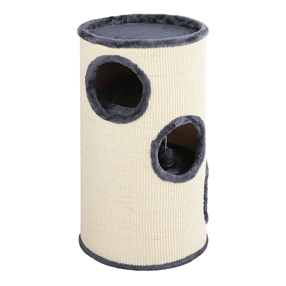 Beige cat scratching post tower with two round condos and dark gray trim