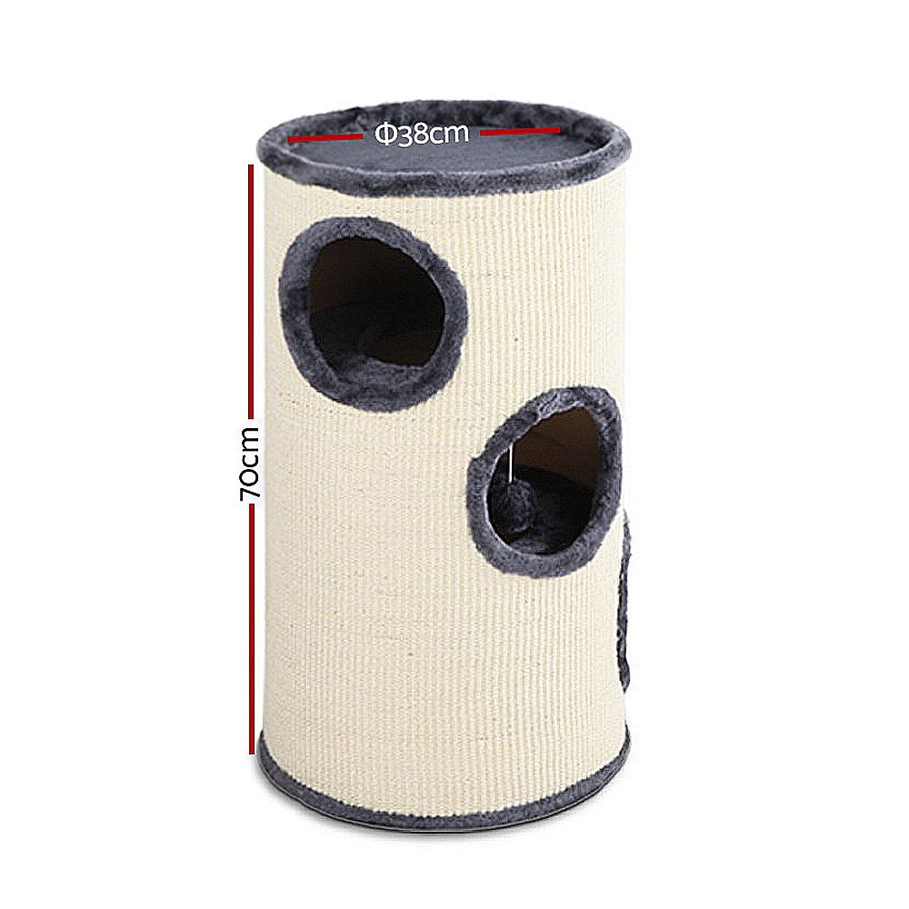 Beige cat scratching post tower, 70cm tall, with two round condos and gray trim