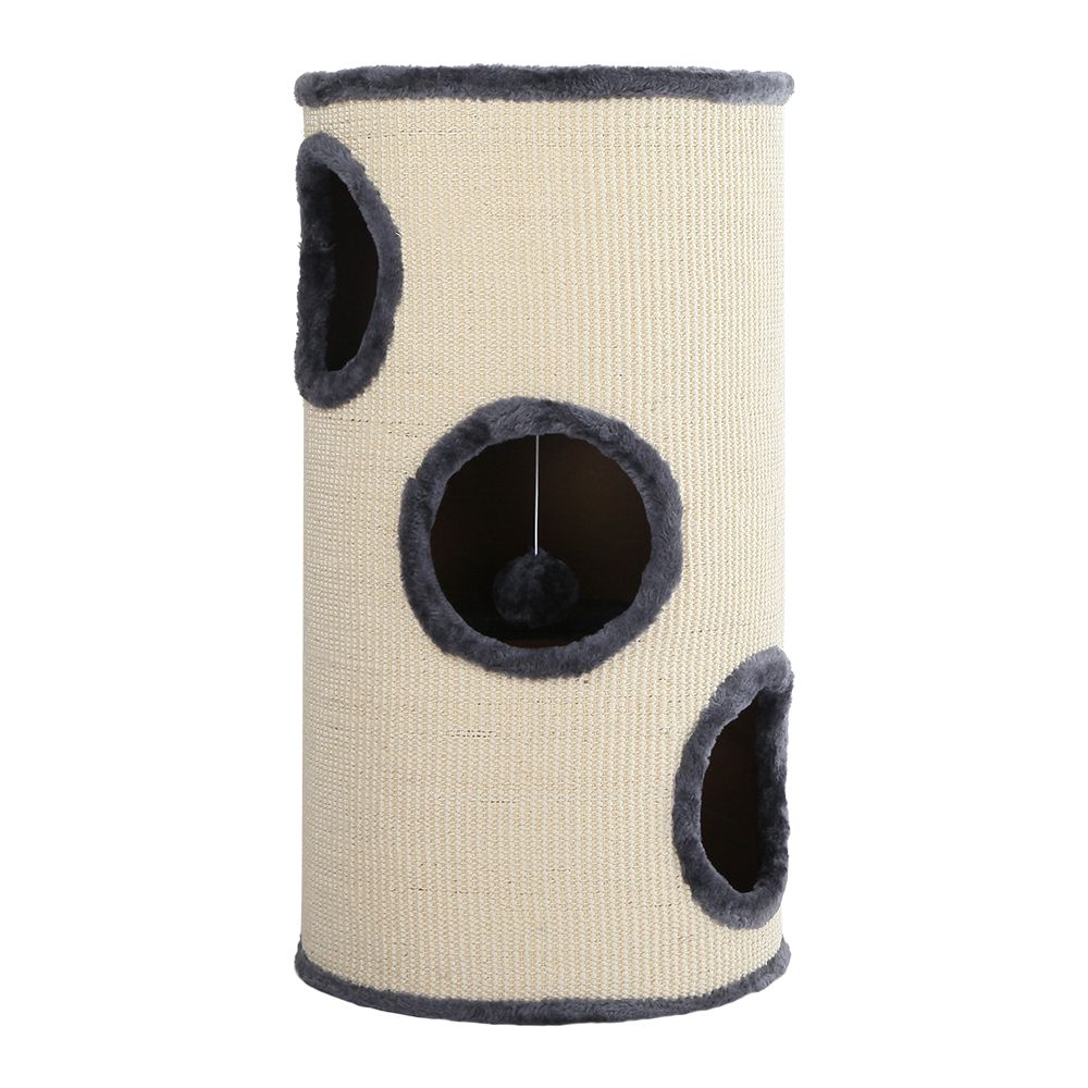 Beige cat scratching post tower with three circular openings and dark gray edge trim