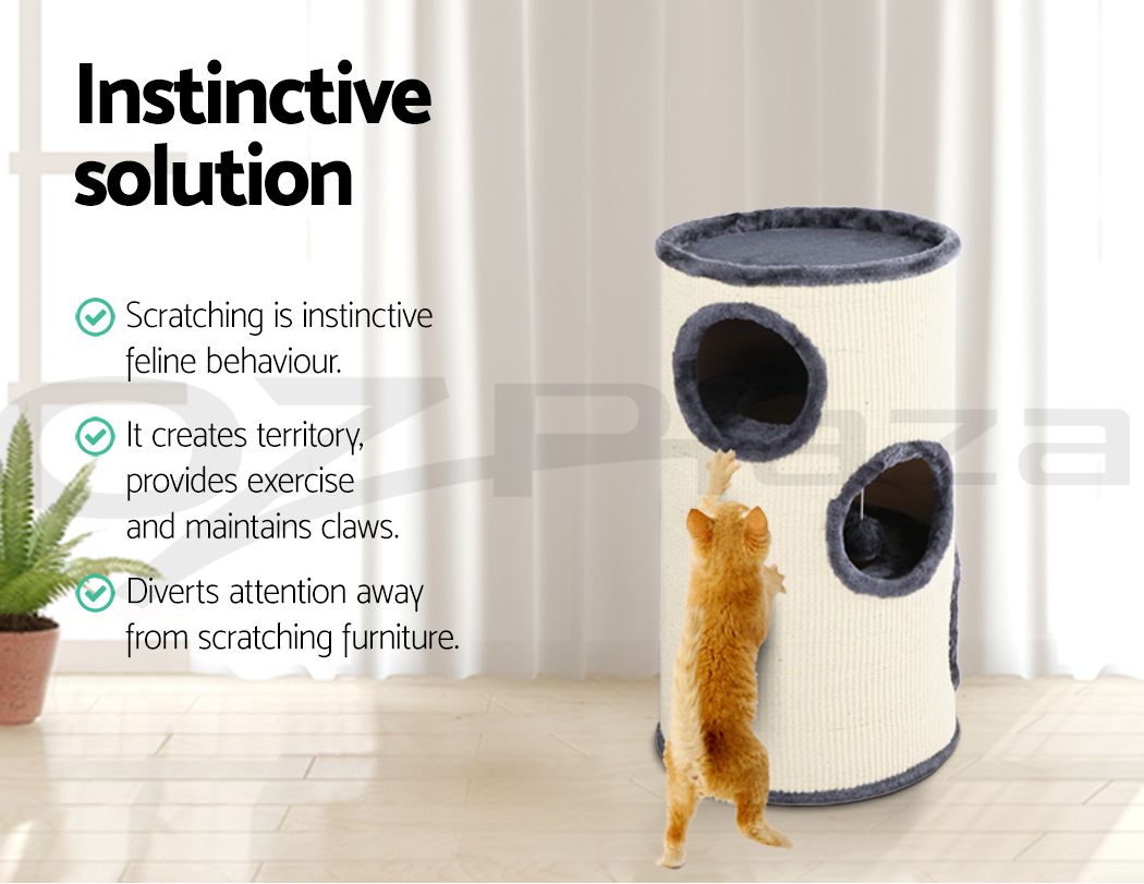 Beige cat scratching post tower with top cushion and two round condos and gray fabric