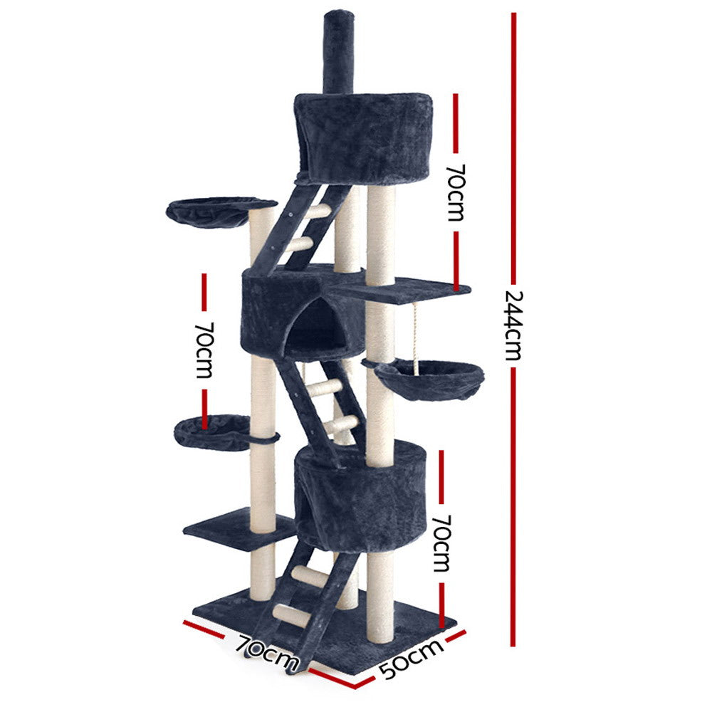 Cat Tree 244cm Tower Scratching Post Scratcher Trees Condo House Grey