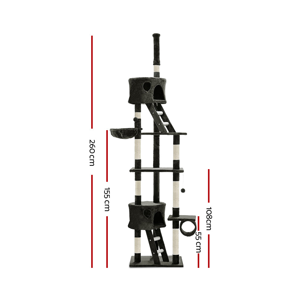 Cat Tree 260cm Tower Scratching Post Scratcher Condo House Trees Grey