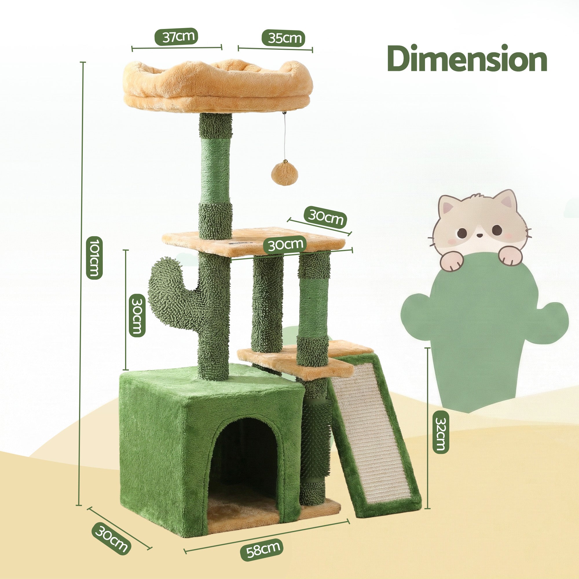 Cat Tree Tower 101cm Scratching Post Furniture Scratcher House Green