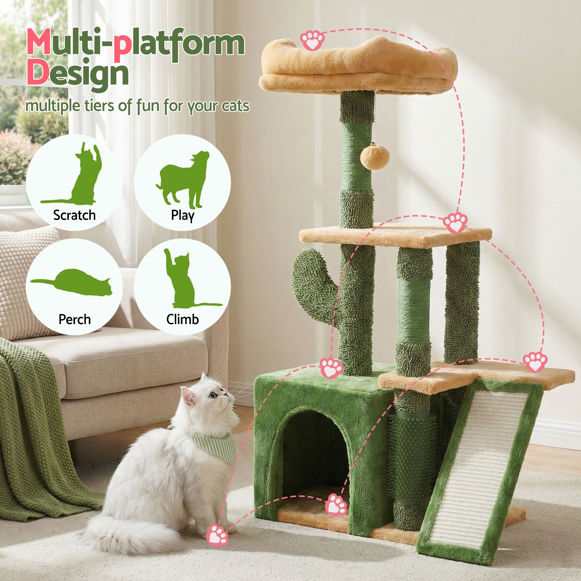 Cat Tree Tower 101cm Scratching Post Furniture Scratcher House Green