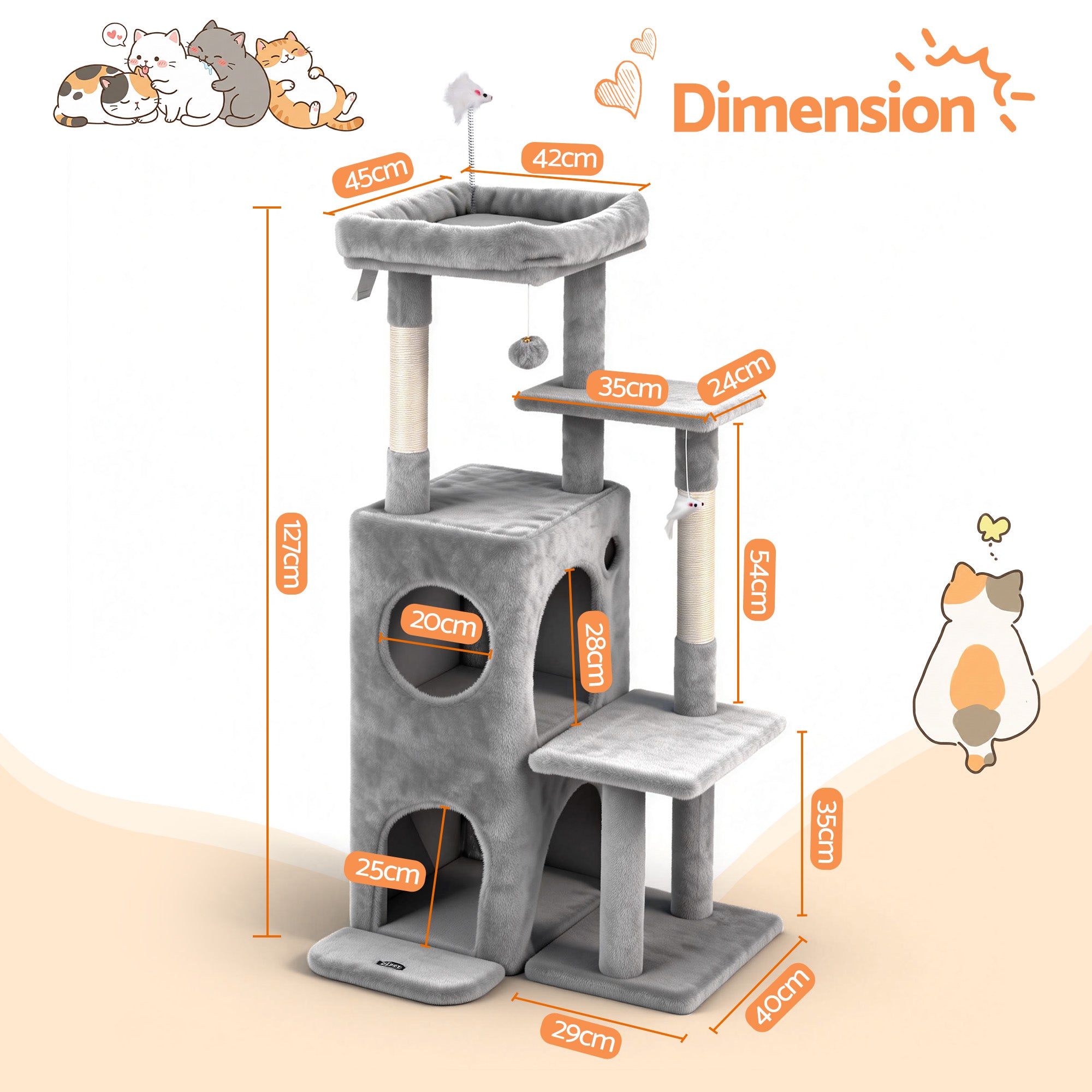 Cat Tree Tower 127cm Scratching Post Furniture Scratcher House Light Grey