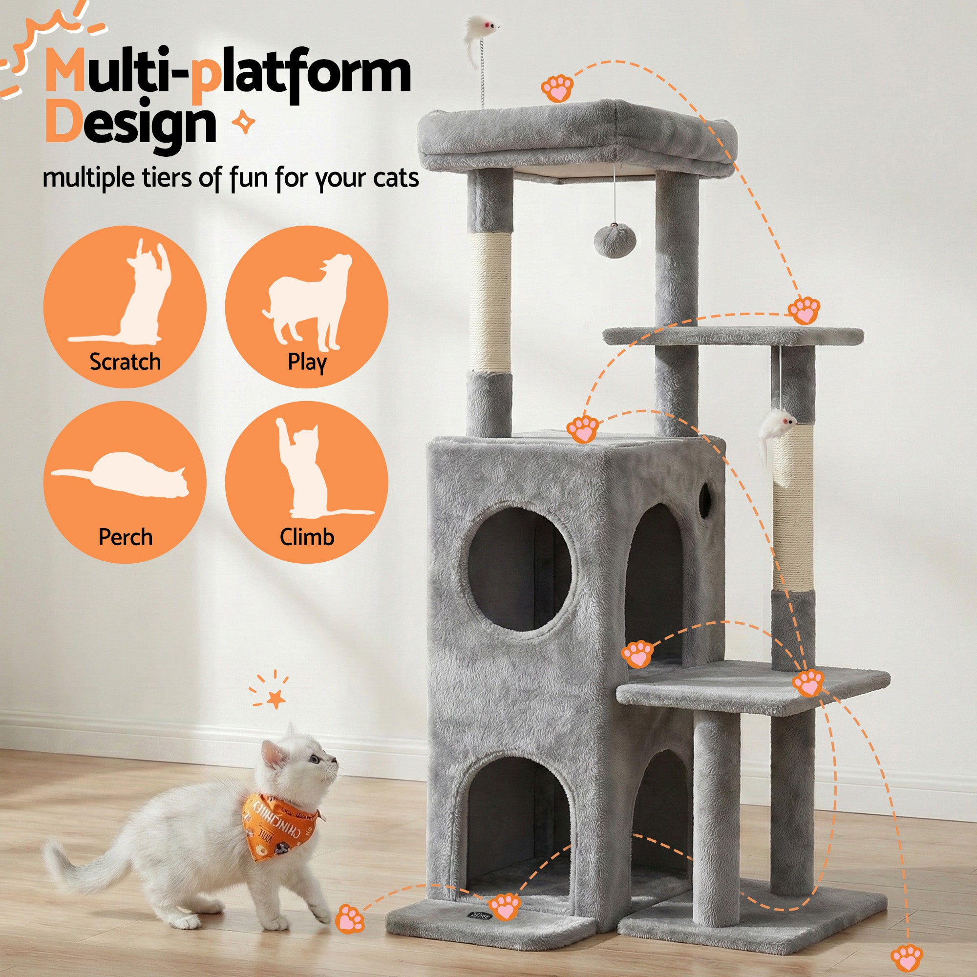 Cat Tree Tower 127cm Scratching Post Furniture Scratcher House Light Grey