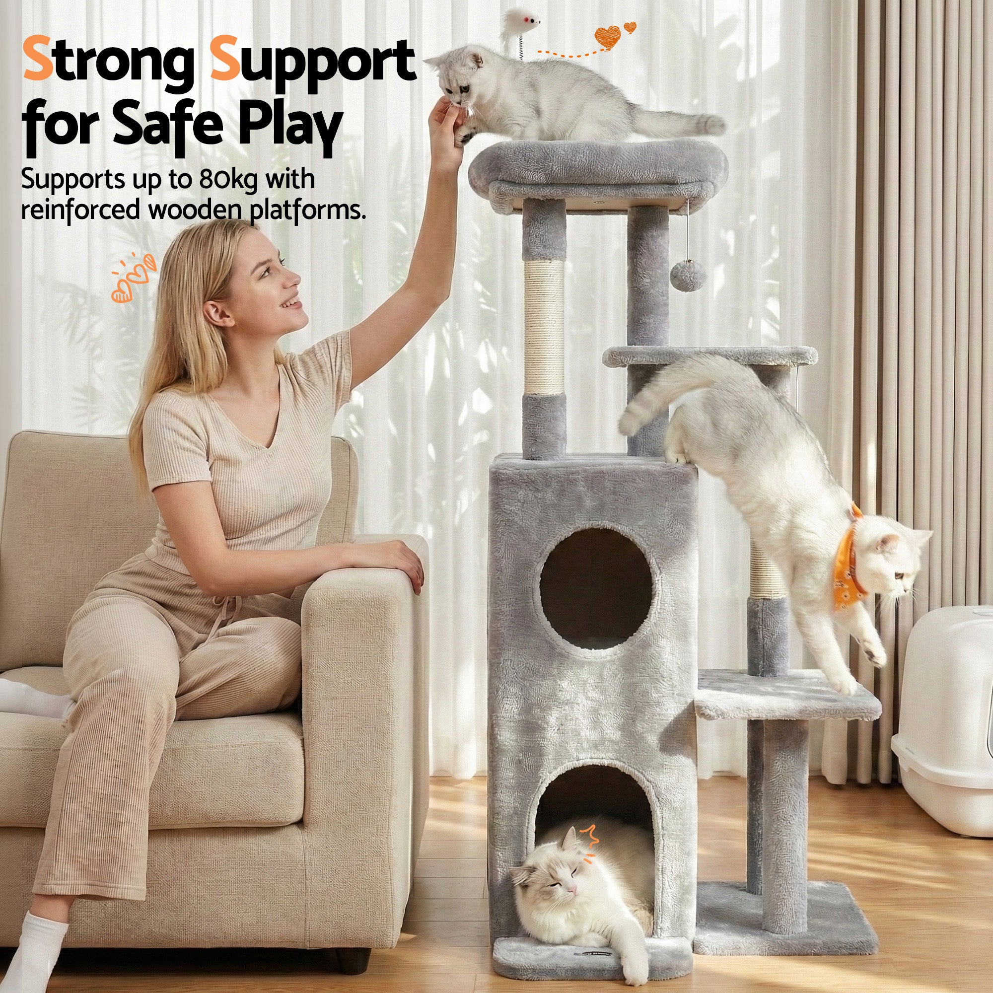 Cat Tree Tower 127cm Scratching Post Furniture Scratcher House Light Grey