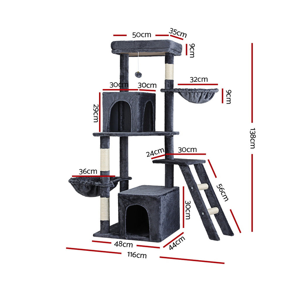 Grey cat tree with side hammock platform, enclosed cubby condos, and scratching ramp