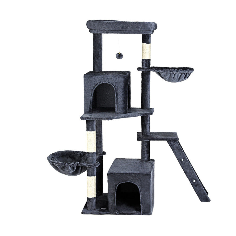 Grey cat tree tower with top perch, side hammock, scratching ramp, and two cubby condos