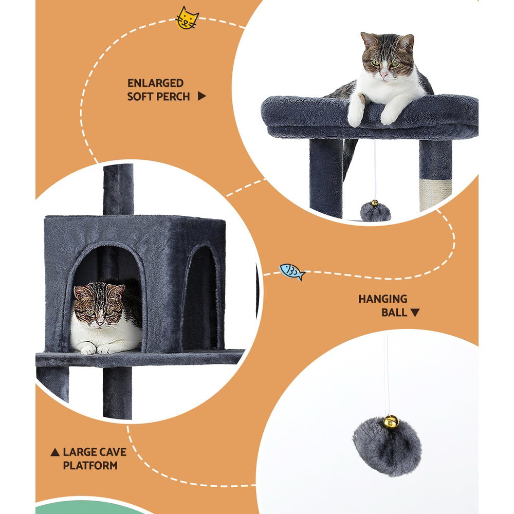 Grey cat tree tower with enlarged soft perch, large cave cubby, and hanging ball