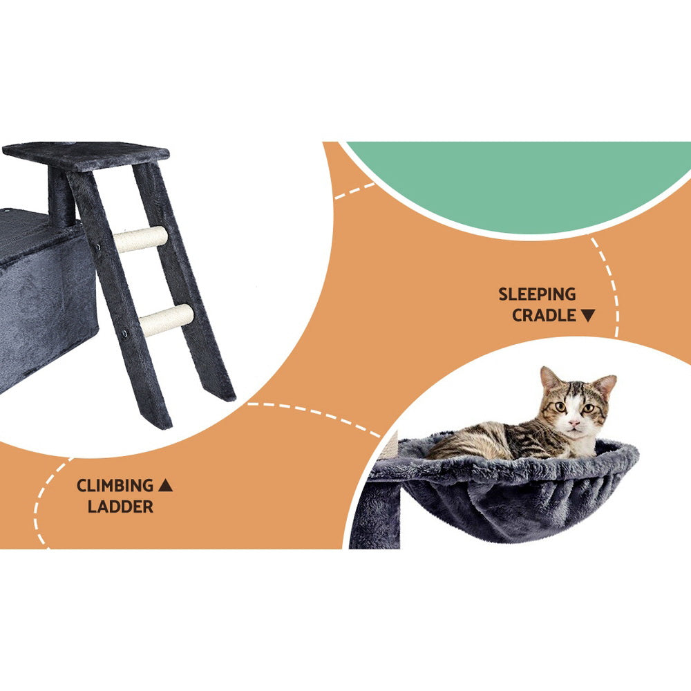 Grey cat tree with climbing ladder, sleeping hammock cradle, and upper resting platform