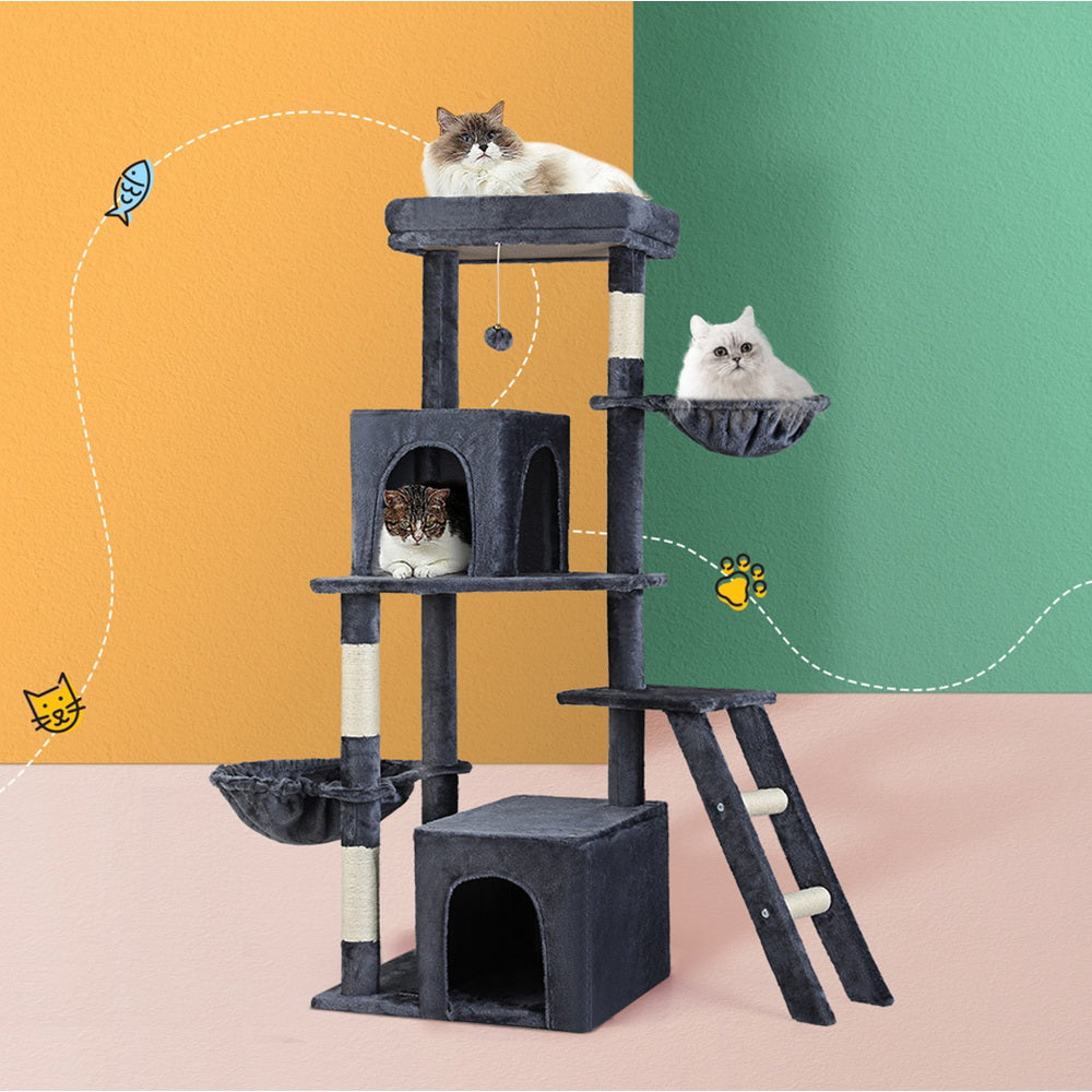 Grey multi-level cat tree tower with condos, perches, scratching ramp, and hanging ball