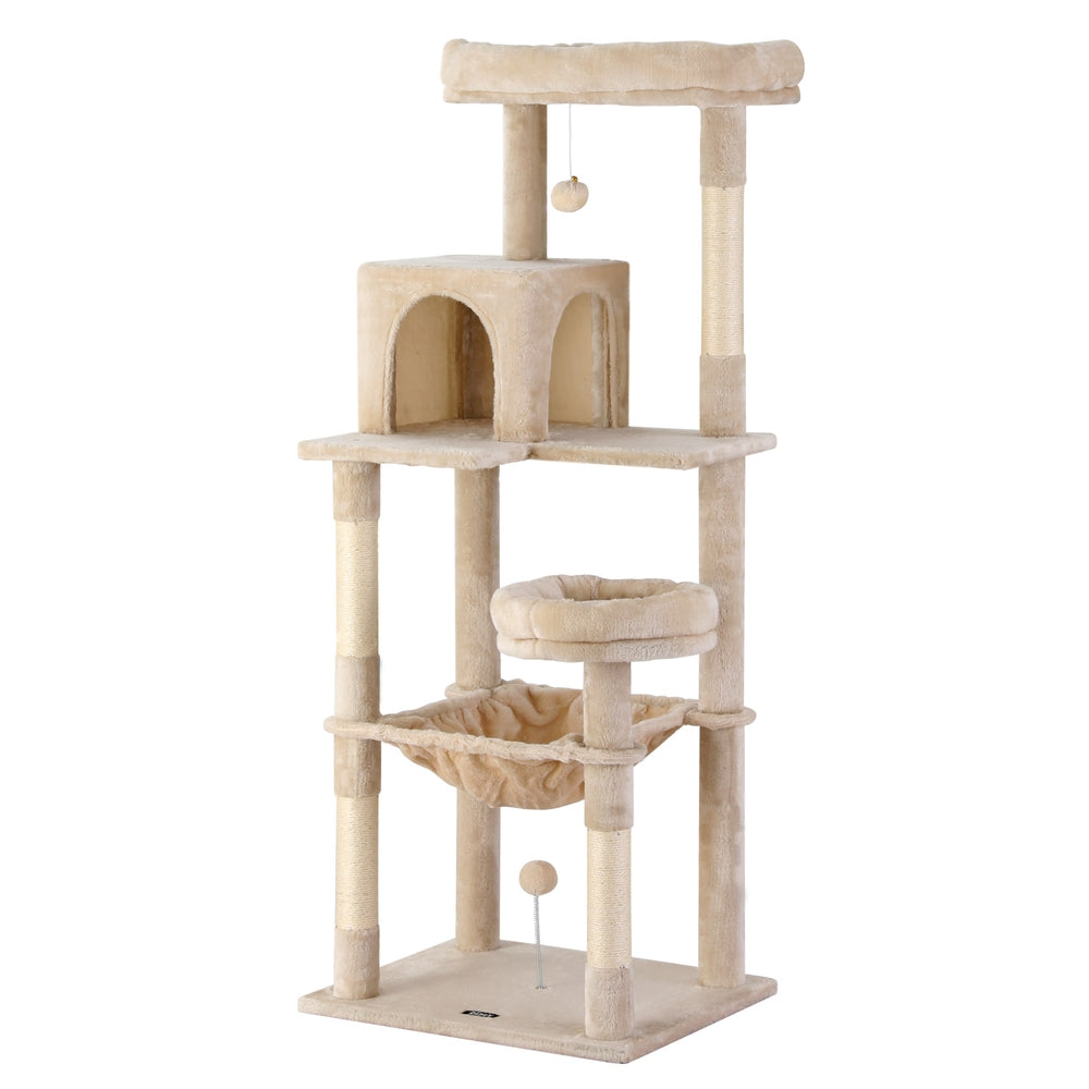 Beige cat tree tower with multiple platforms, tunnel condo, and top perch