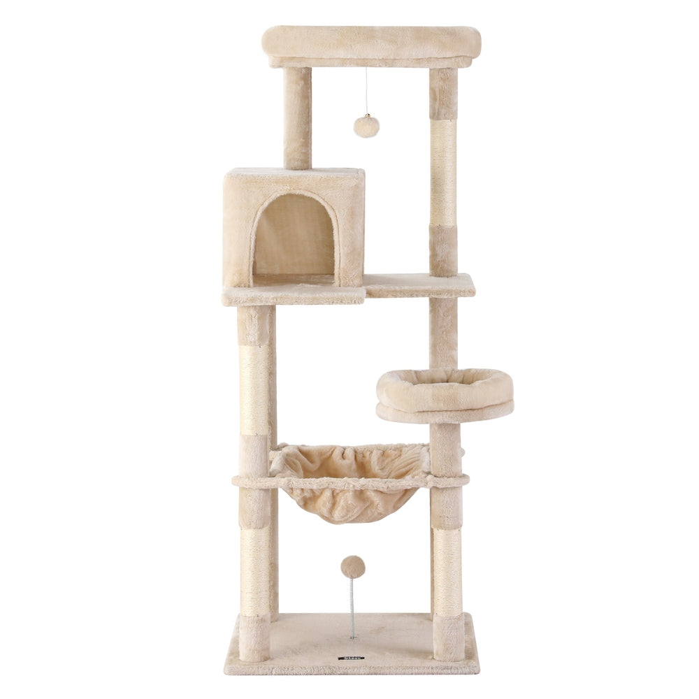 Beige cat tree tower with enclosed condo, rope ball, hammock perch, and scratching posts