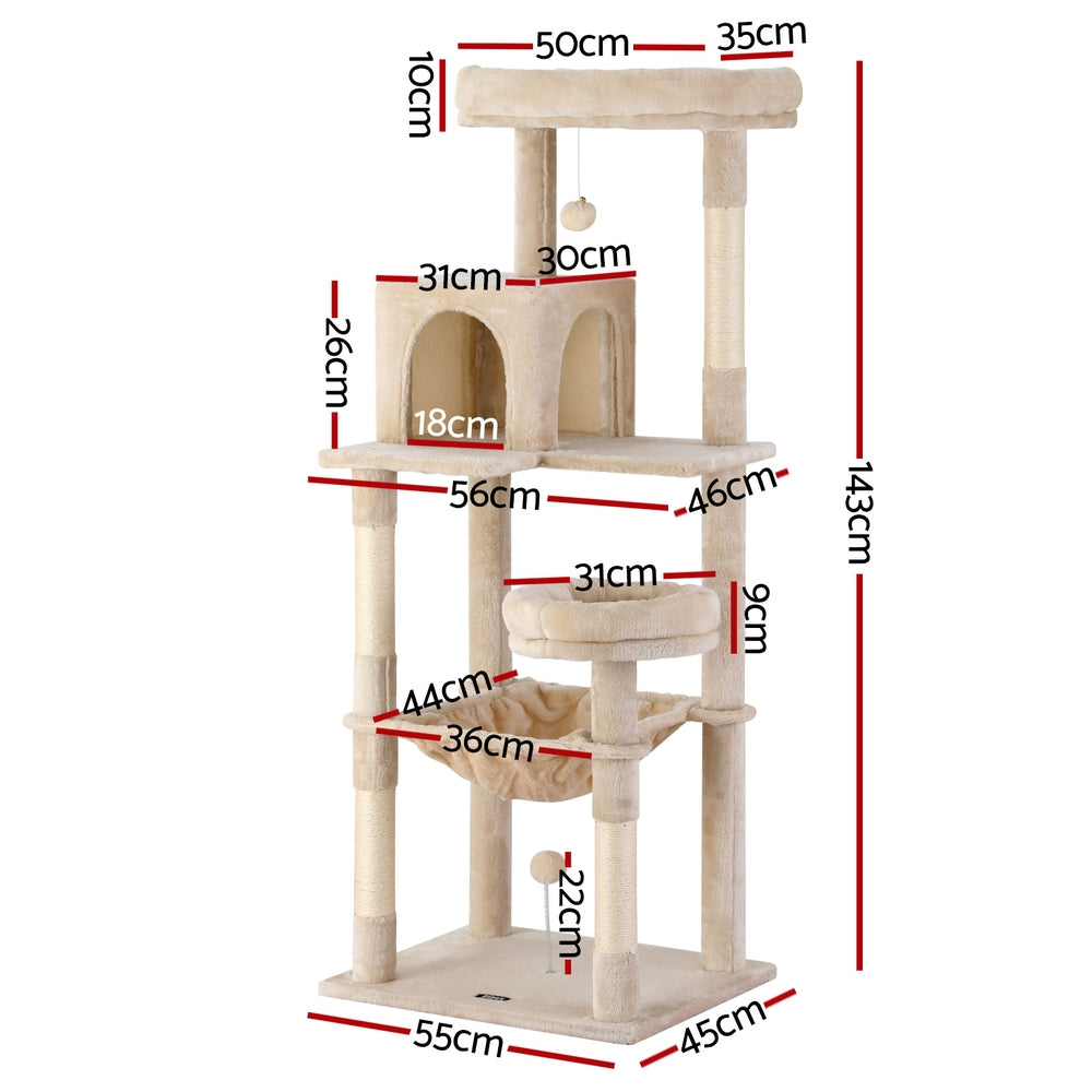 Beige multi-level cat tree tower with cushioned perches, tunnel condo, and scratching posts