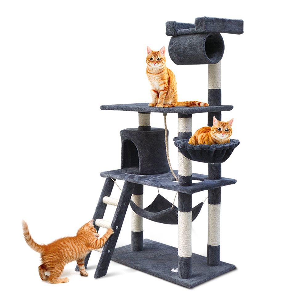 Grey cat tree tower with scratching posts, top perch, and enclosed condos