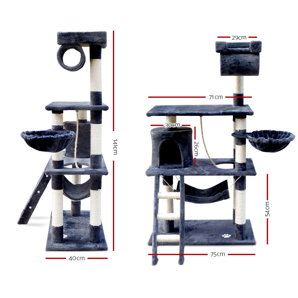 Grey multi-level cat tree with platforms, enclosed houses, and hanging hammock