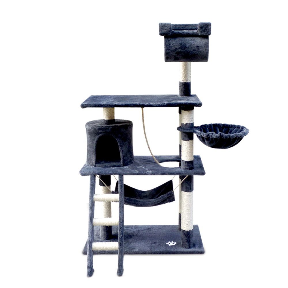 Grey cat tree tower with stacked platforms, enclosed cubbies, and hanging hammock