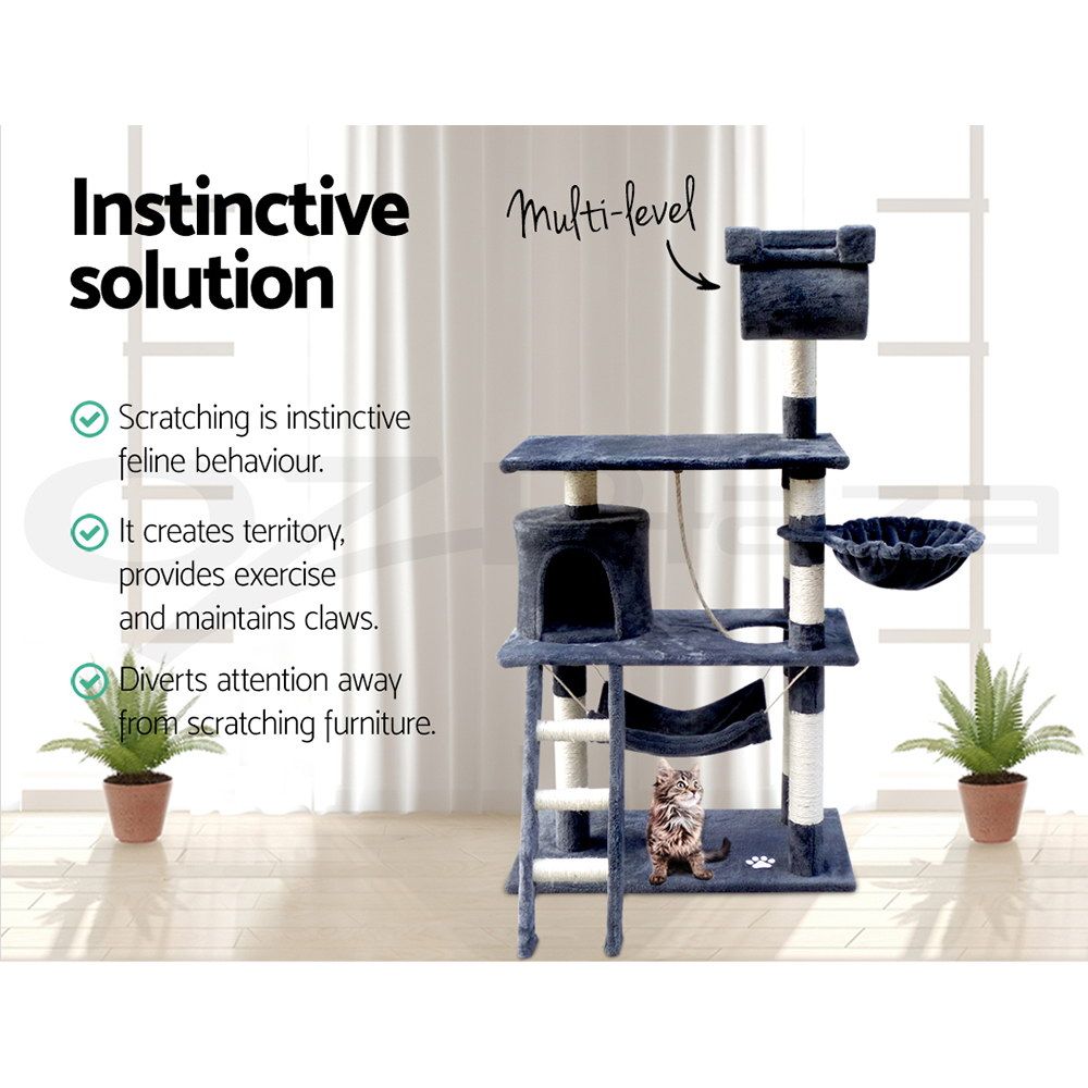 Grey multi-level cat tree with scratching posts, enclosed condos, and hanging hammock