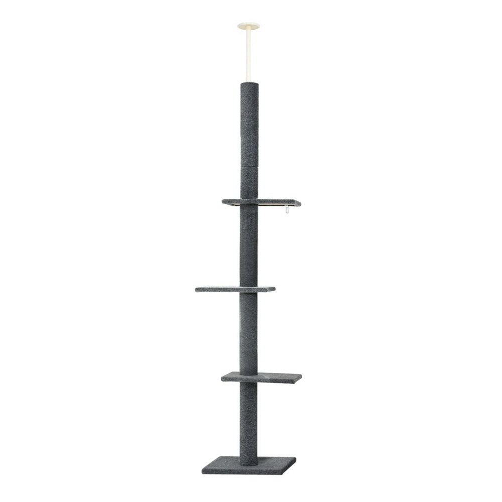 Grey carpeted cat tree tower with multiple horizontal scratching perches