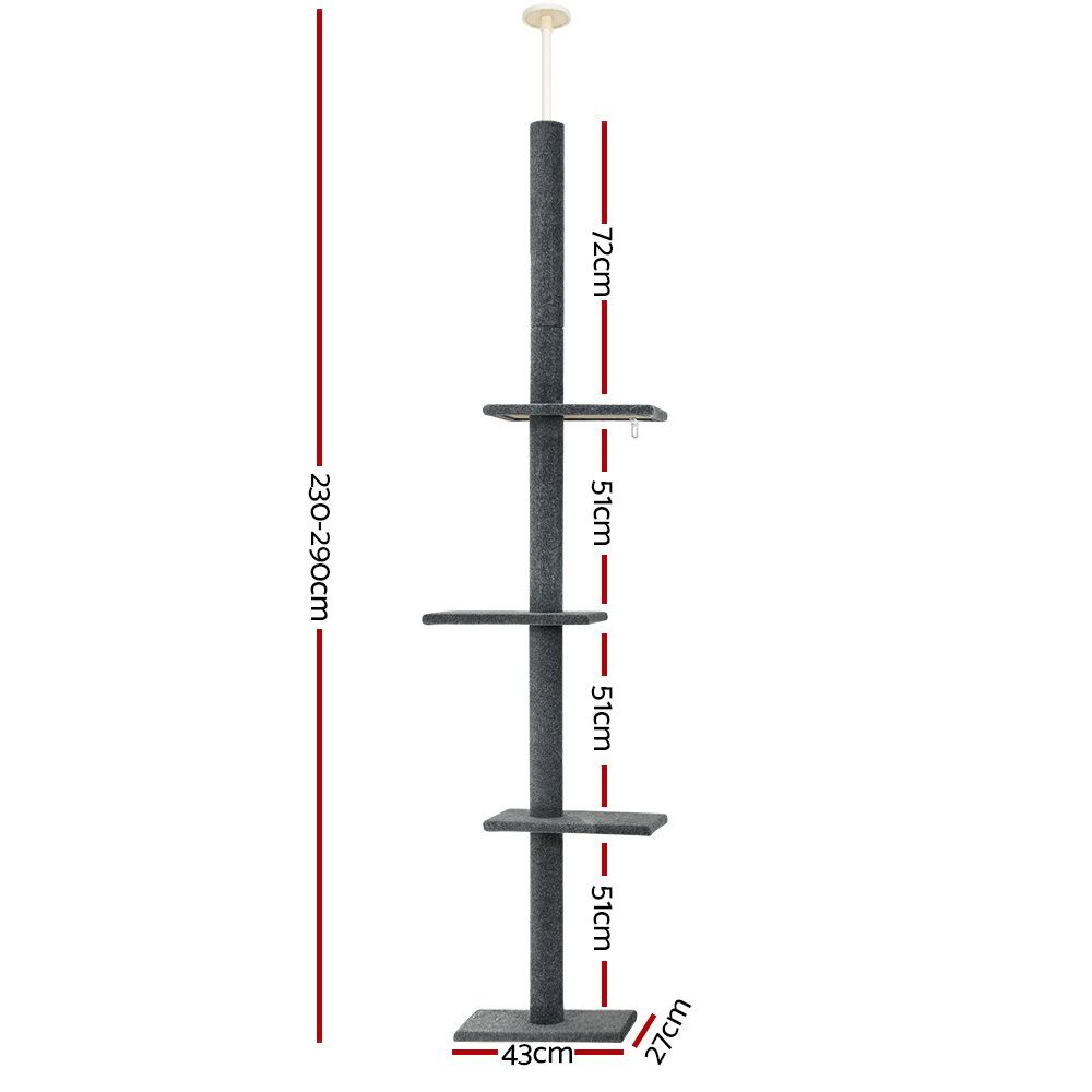 Grey vertical cat scratching tower with several level perches on one pole