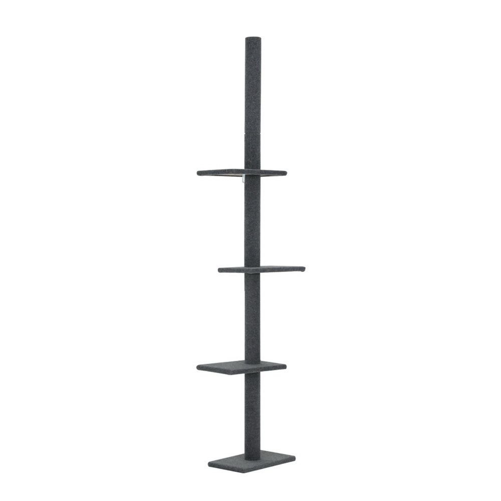Grey carpeted cat tree scratching post with stacked horizontal platforms and base
