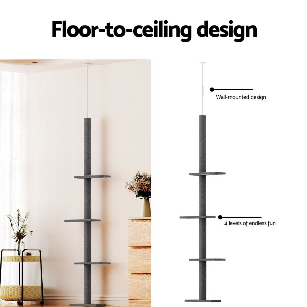Grey carpeted cat tree pole with three horizontal perches and round top cap