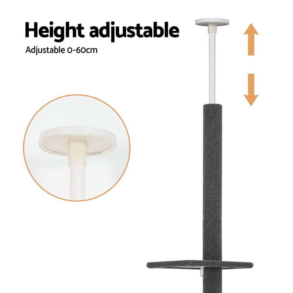 Height-adjustable grey cat tree scratching post with round top and side perch